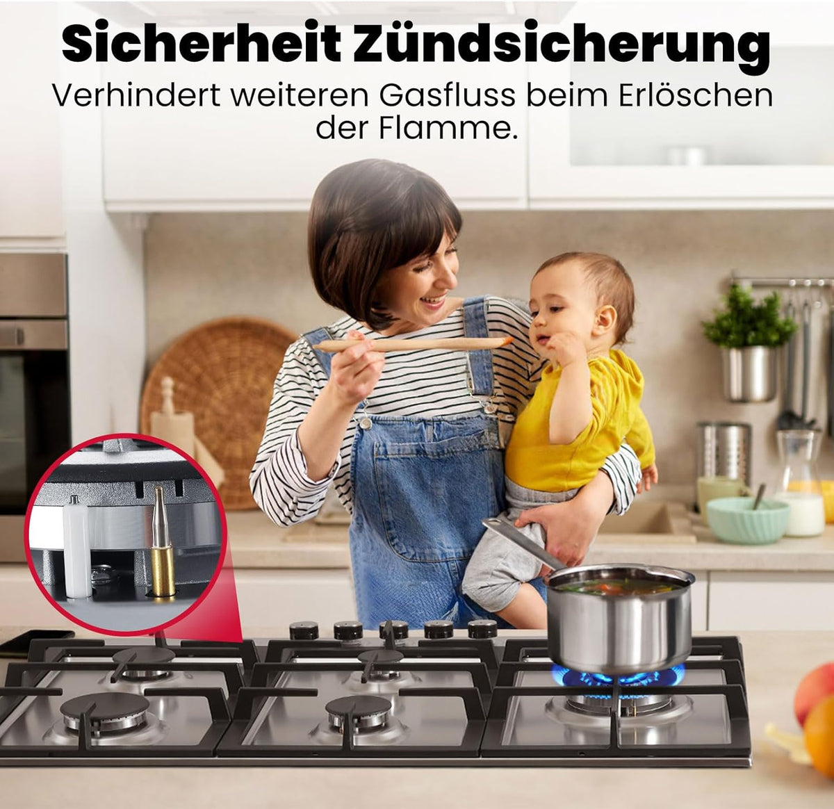 Gaskookplaat – Gasfornuis – Inbouwkookplaat – Gasplaat – Zelfvoorzienend – 87 cm Roestvrij Staal – 5 Vlammen Met Wokbrander 10400 Watt
