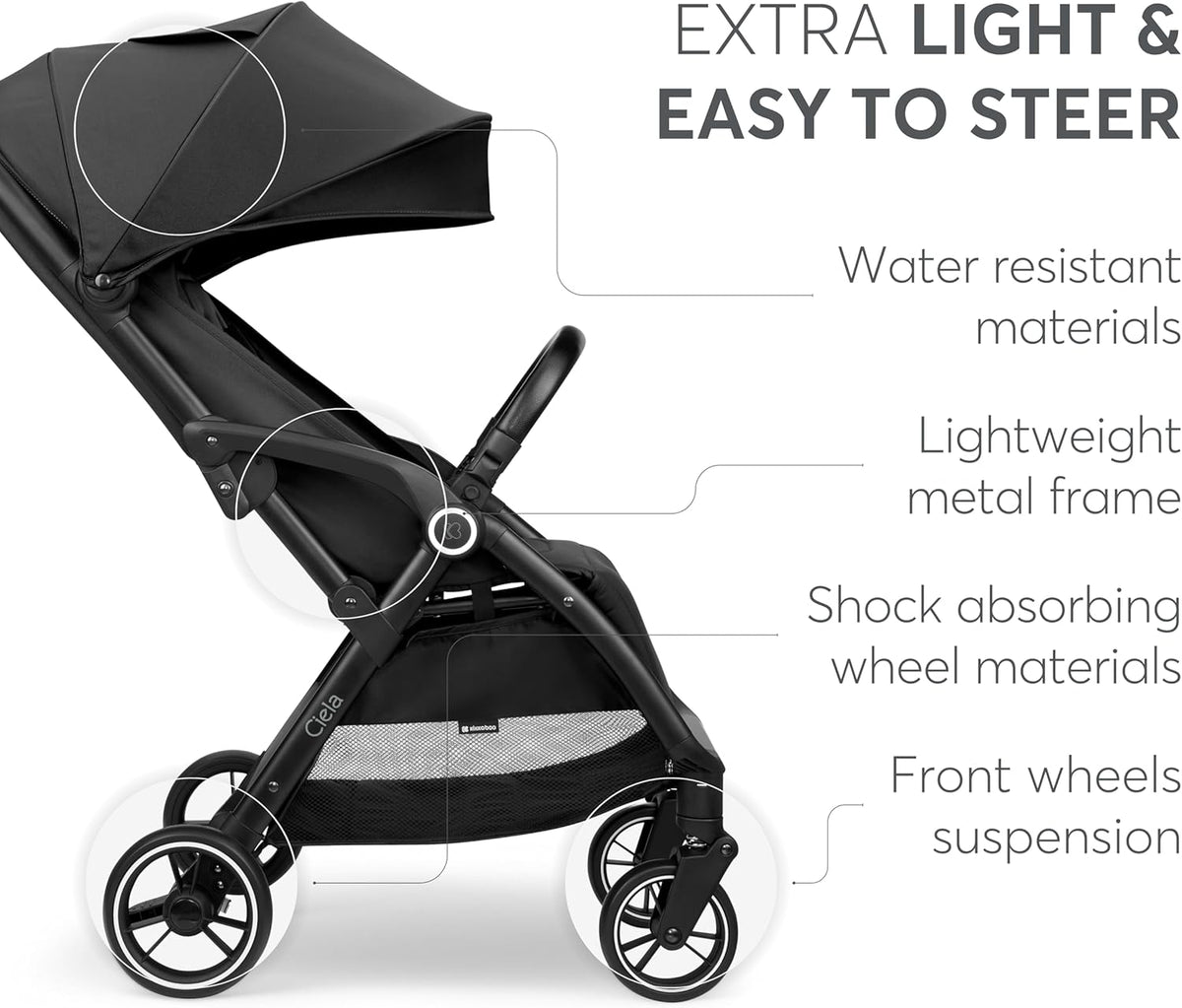 KikkaBoo CIELA Kinderwagen, buggy tot 22 kg, automatisch opvouwen, verstelbare rugleuning, gering gewicht, compact, cabinemaat, zwart