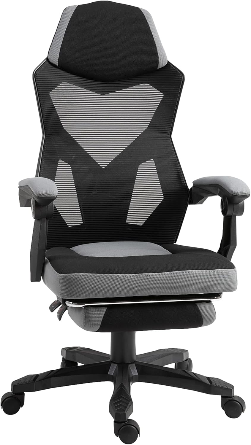 Vinsetto Bureaustoel, gamingstoel, in hoogte verstelbaar, rugleuning met zwenkwielen, voetsteun, netstof, 58 x 63 x 112-122 h cm, grijs/zwart