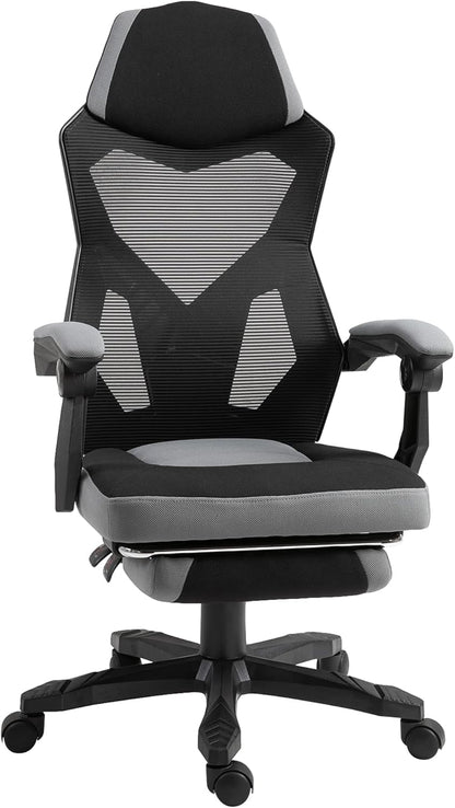 Vinsetto Bureaustoel, gamingstoel, in hoogte verstelbaar, rugleuning met zwenkwielen, voetsteun, netstof, 58 x 63 x 112-122 h cm, grijs/zwart