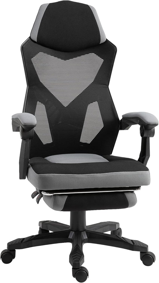 Vinsetto Bureaustoel, gamingstoel, in hoogte verstelbaar, rugleuning met zwenkwielen, voetsteun, netstof, 58 x 63 x 112-122 h cm, grijs/zwart