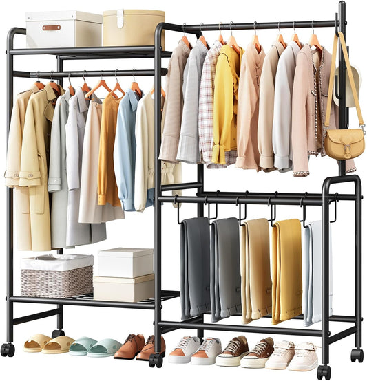 Heavy Duty kledingstang met wielen, 125 kg metalen kledingrek met broekenrek, bovenste plank, 4 haken en 5 broekhangers, stevige kledingstang voor slaapkamer, hal, winkel, zwart