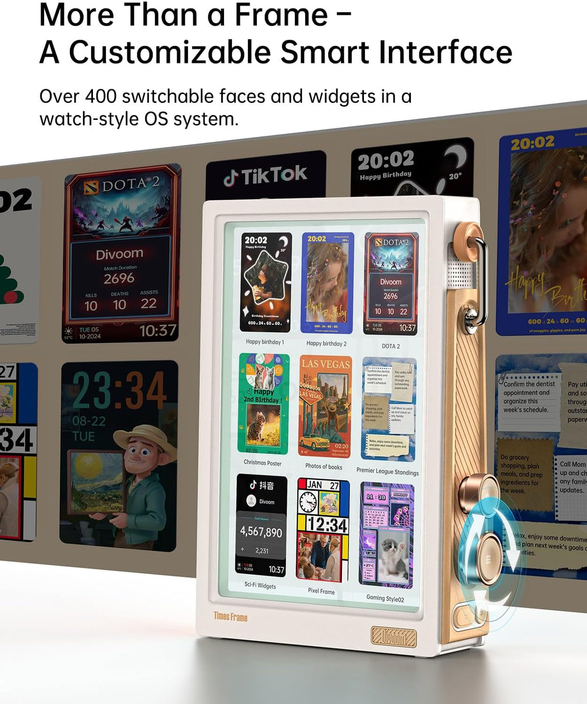 Divoom Times Frame Transparante digitale fotolijst (10,1 inch) met wifi en 64 GB, IPS-display met zwevend effect en RGB-draaiknop, 400+ wijzerplaten, widgets en pixel-art community (wit)