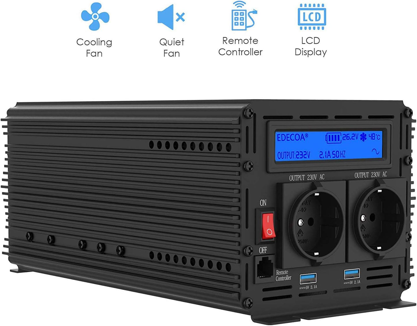 EDECOA Omvormer Zuivere Sinus 1500 W 24 V 230 V 3000W Omvormer 24V 230V Spanningsomvormer Inverter Pure Sine Wave met Afstandsbediening LCD Scherm 2 EU Stopcontact en Kabel