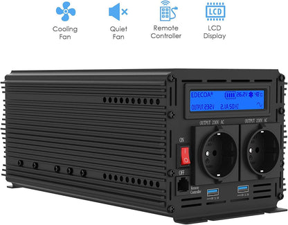 EDECOA Omvormer Zuivere Sinus 1500 W 24 V 230 V 3000W Omvormer 24V 230V Spanningsomvormer Inverter Pure Sine Wave met Afstandsbediening LCD Scherm 2 EU Stopcontact en Kabel