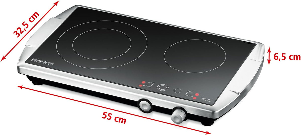 Dubbele kookplaat – Elektrische kookplaat – Kookplaat 2 zones – Glaskeramische kookplaat – Kookplaat RVS – HiLight technologie – Inklapbare knevels en restwarmte-indicatoren