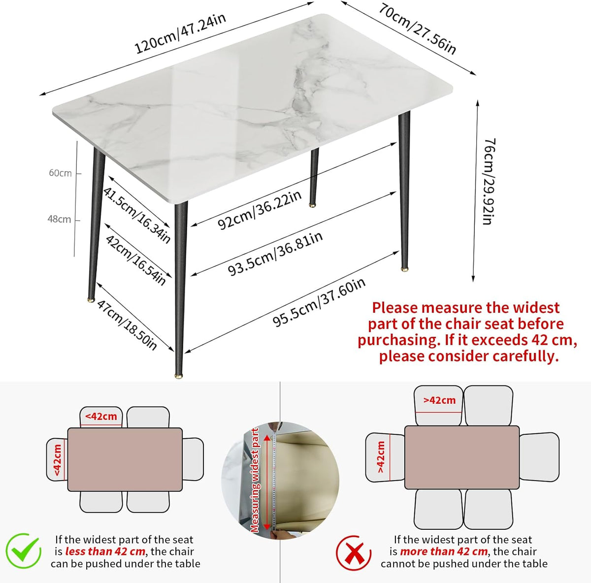 FATIVO Eetkamertafel marmeren eettafel 120x70cm, keukentafel klein 4 personen smalle eettafel eenvoudige woonkamer wit hoogglans Scandinavische tafels voor eetkamer restaurant metalen tafelpoten