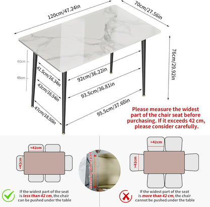 FATIVO Eetkamertafel marmeren eettafel 120x70cm, keukentafel klein 4 personen smalle eettafel eenvoudige woonkamer wit hoogglans Scandinavische tafels voor eetkamer restaurant metalen tafelpoten