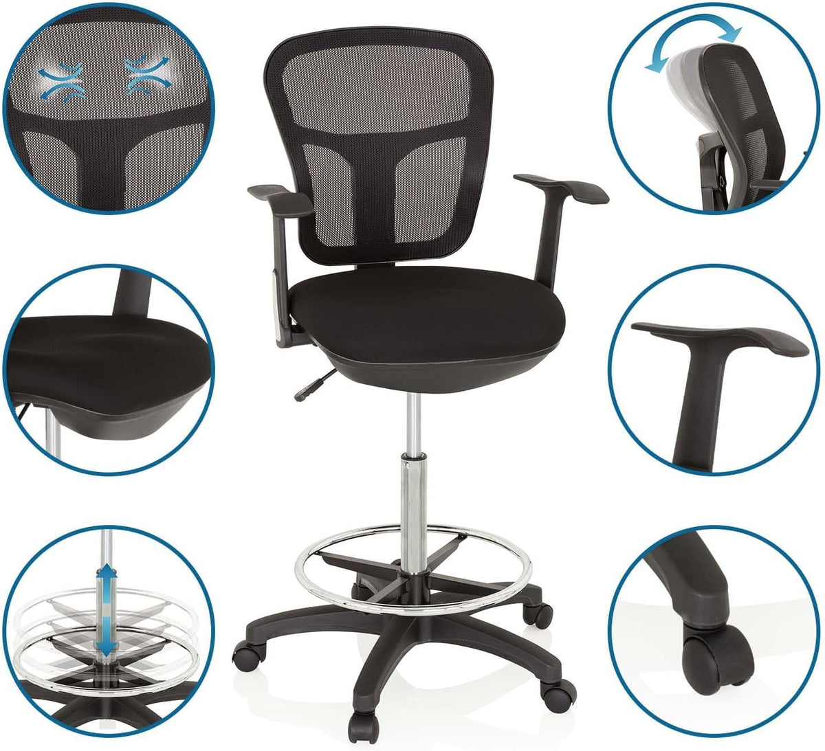 HJH OFFICE 760008 werkstoel TOP Work 108 netstof zwart ergonomische stoel met ring voetsteun