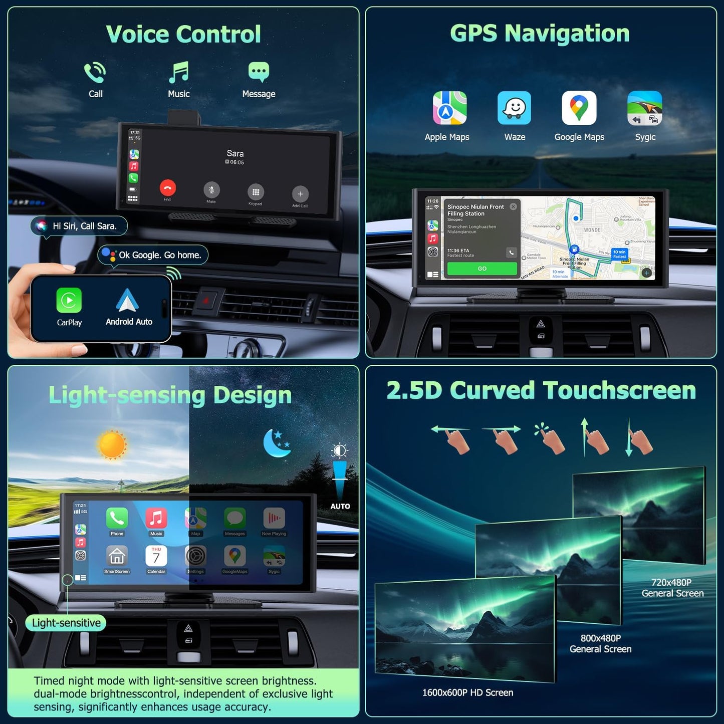 Android Auto Display 10,26 inch IPS Touchscreen CarPlay Display met 4K dashcam en 1080p achteruitrijcamera loop-opname draagbare autoradio met navigatie spiegel link 64G TF