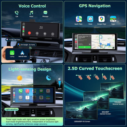 Android Auto Display 10,26 inch IPS Touchscreen CarPlay Display met 4K dashcam en 1080p achteruitrijcamera loop-opname draagbare autoradio met navigatie spiegel link 64G TF