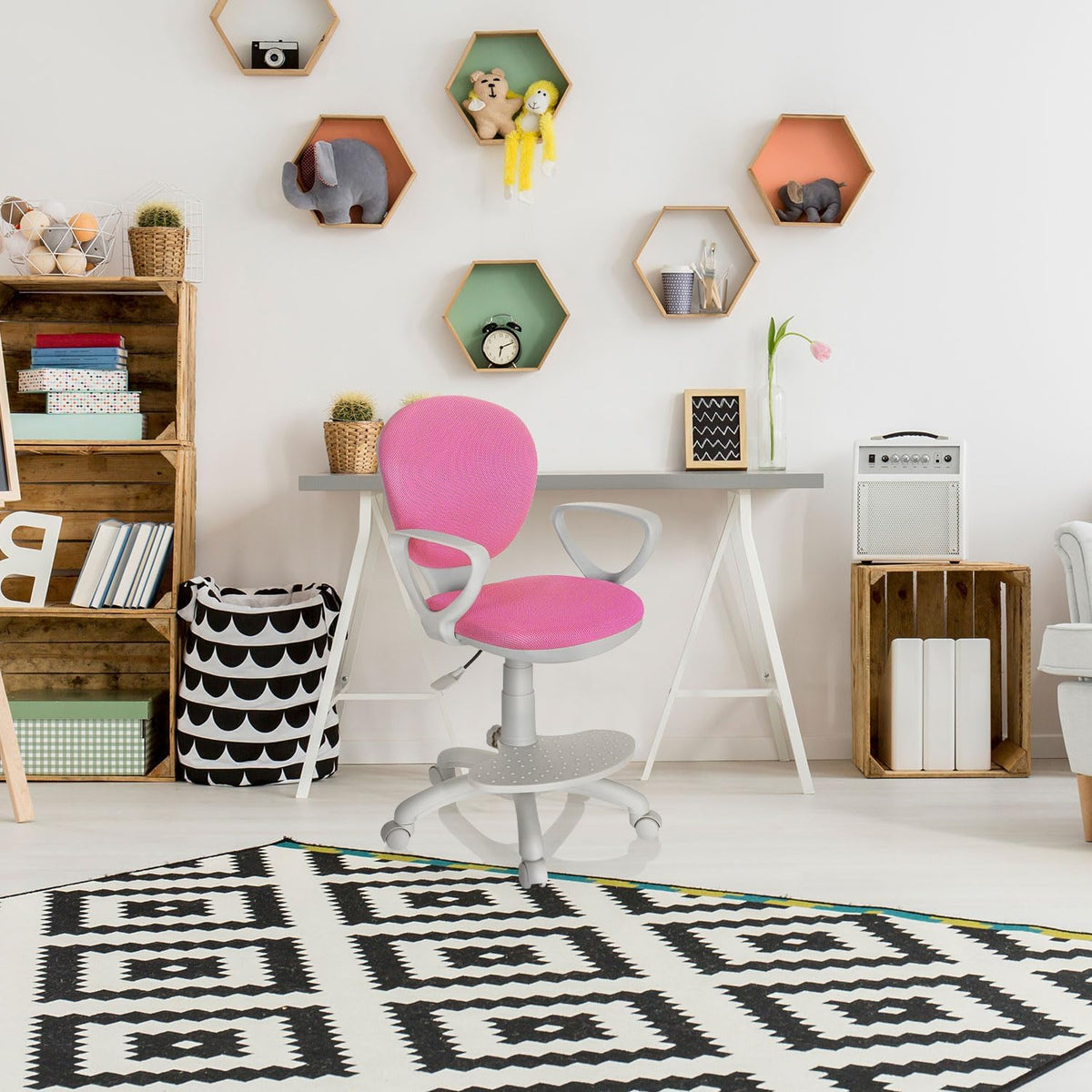 hjh OFFICE 671012 kinderdraaistoel Kid Colour G1 stof roze/grijs bureaustoel kinderen, voetsteun en zitting in hoogte verstelbaar