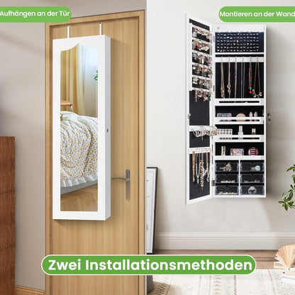 FANTASK Hangende sieradenkast, simpelkast met ledverlichting, spiegel en 6 laden, hangkast voor deur- en wandmontage, sieradenkast voor het opbergen van sieraden en cosmetica, wit
