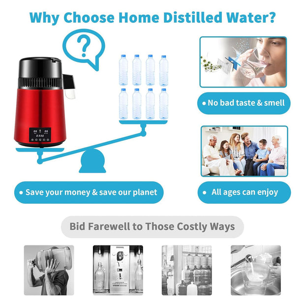Waterdestilleerder - Zuiver Water Maken - Automatisch Distilleerketel -Filteren 1 L/U - 304 Roestvrij staal - 750W - Rood