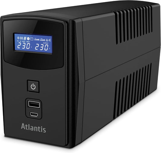 Atlantis A03-S1000P Ononderbroken stroomvoorziening, pseudosinusgolf, 1000 VA, 600 W, Line Interactive, LCD-display, Dual Front USB-poort, 2 Schuko-uitgangen, geïntegreerde Alim-kabel, USB, 1 accu 12