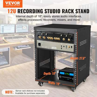 VEVOR 12U AV-rackstandaard, 500 lb-capaciteit, netwerkstereo-opname studiorek met afsluitbare zwenkwielen ronde en vierkante gaten, speciale ventilatieopeningen voor 19 inch audio video muzikale en