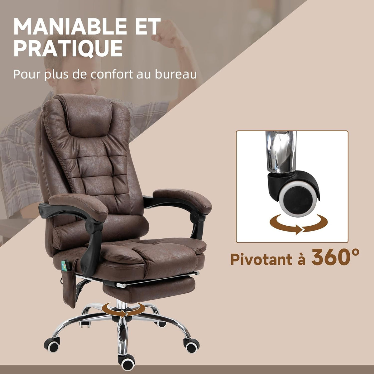 Vinsetto Bureaustoel, massage, verwarmd, bureaustoel, ergonomisch, in hoogte verstelbaar, rugleuning kantelbaar, microvezeldoek, bruin