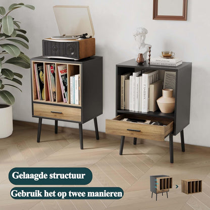 Semiocthome Platenspelerstandaard met opbergkist van vinyl voor maximaal 160 albums, platenspelertafel met lade en massief houten poten, bijzettafel voor draaitafels voor woonkamer slaapkamer