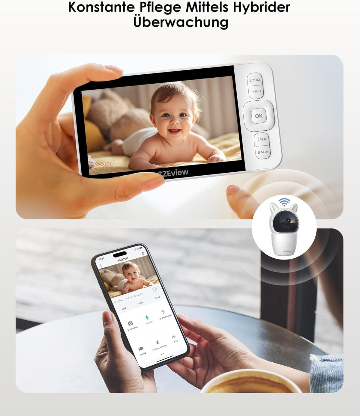 Babyfoon Met 2 Kameras En APP, 2K/5,0 Inch WLAN Video Babyfoon, PTZ 360°, IR-Nachtsicht, Automatische Volging, 4× Zoom, Herkenning Van Huilen/Beweging/Geluiden, Alarm, Temperatuurweergave