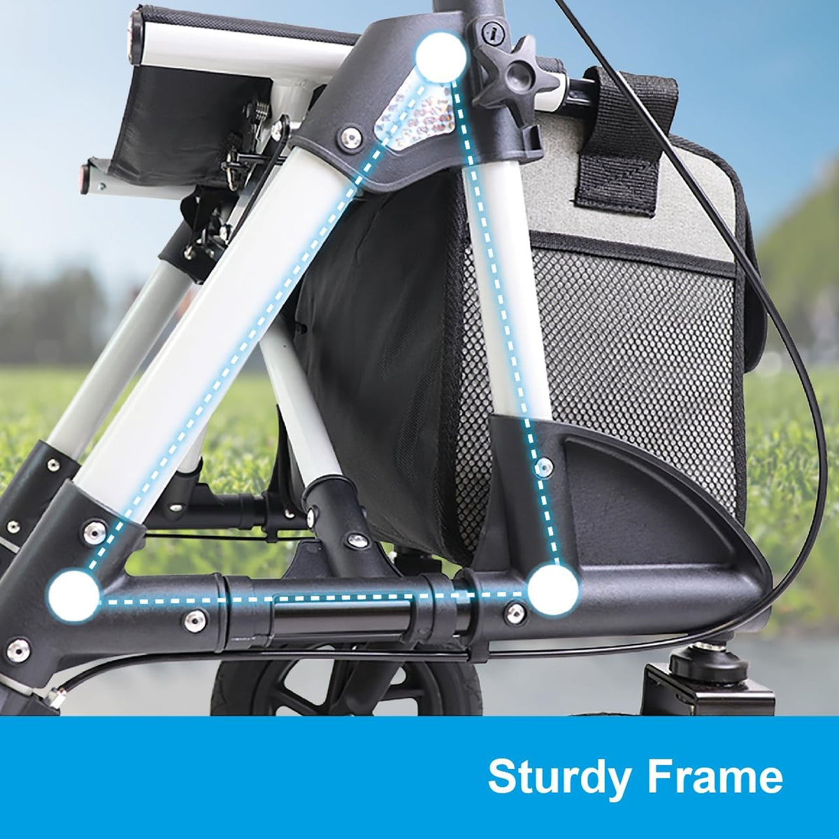 KMINA PRO - Outdoor Rollator Met Luchtbanden, Groot Wiel, Opvouwbaar Voor Senioren, Aluminium Frame Voor Buitengebruik, Met Zitje en Mandje