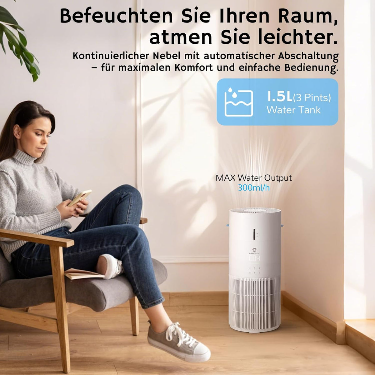 Airthereal AEH300 2-in-1 luchtreiniger en luchtbevochtiger, 125 m², 3-traps filter, luchtkwaliteitsmonitor, stille slaapmodus, luchtbevochtiger met automatische vochtigheidsmonitor, AEH300