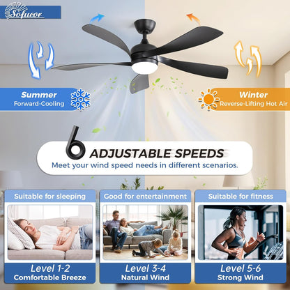 Sofucor Plafondventilator met verlichting en afstandsbediening, DC, 132 cm, 5 vleugels, timer, 3 kleurtemperaturen, 6 snelheden, zomer, winterwerking, stille plafondventilator met licht voor
