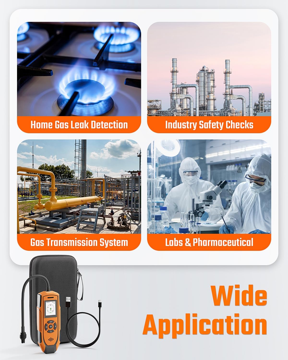 TopTes PT-990 Oplaadbare gaslekdetector met 28 cm flexibele sonde, detectiebereik 0-10.000 ppm, gegevensregistratie en 3 alarmsoorten, gasmelder voor propaan, methaan voor industrie, oranje