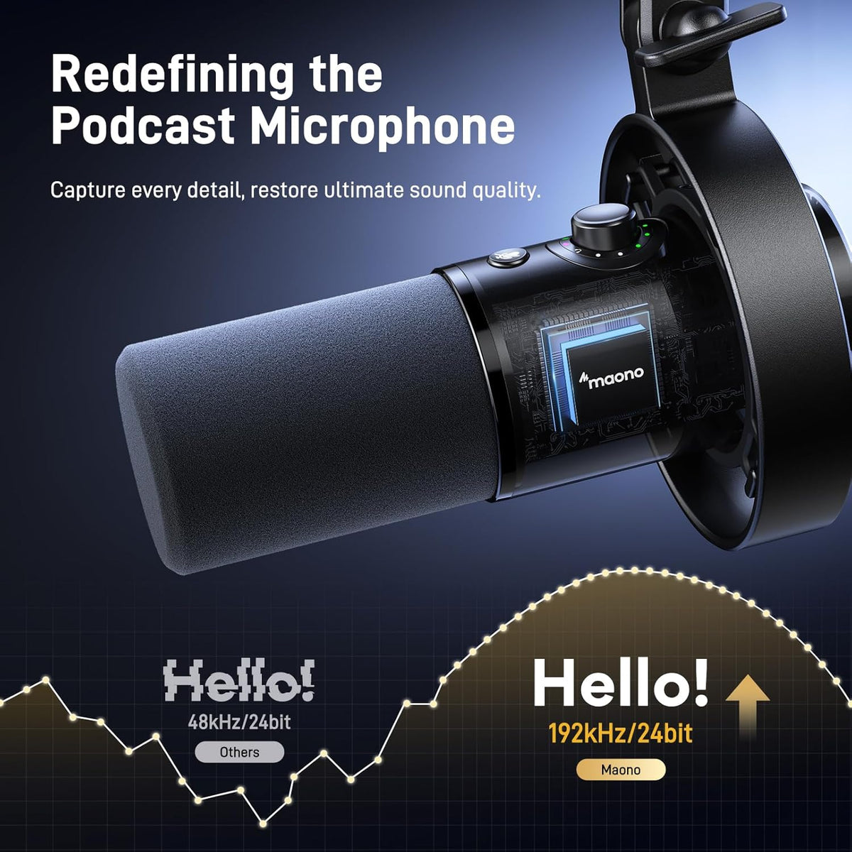 MAONO PD300X Podcast Microfoon- XLR/USB Mic met ruisonderdrukking, 192kHz/24Bit Hi-Fi Audio, Mute-knop, Link Software. Voor podcasting, streaming, studio-opname