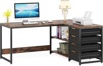 Tribesigns L-Shaped Computer Desk with Storage Drawers, 59 Inch Corner Desk with Shelves, Reversible L Shape Office Desk, Study Writing Desk, Home Office Workstation, Brown