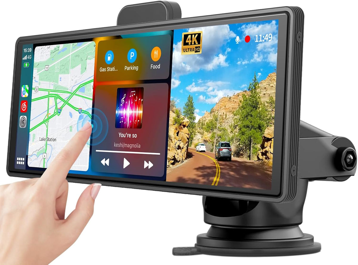 10,26 inch Carplay Display met 4K dashcam auto voor, 1080p achteruitrijcamera, draadloze Carplay Android Auto, Mirror Link, navigatie, Google, Siri, FM, AUX, Loop Recording, 64G SD-kaart