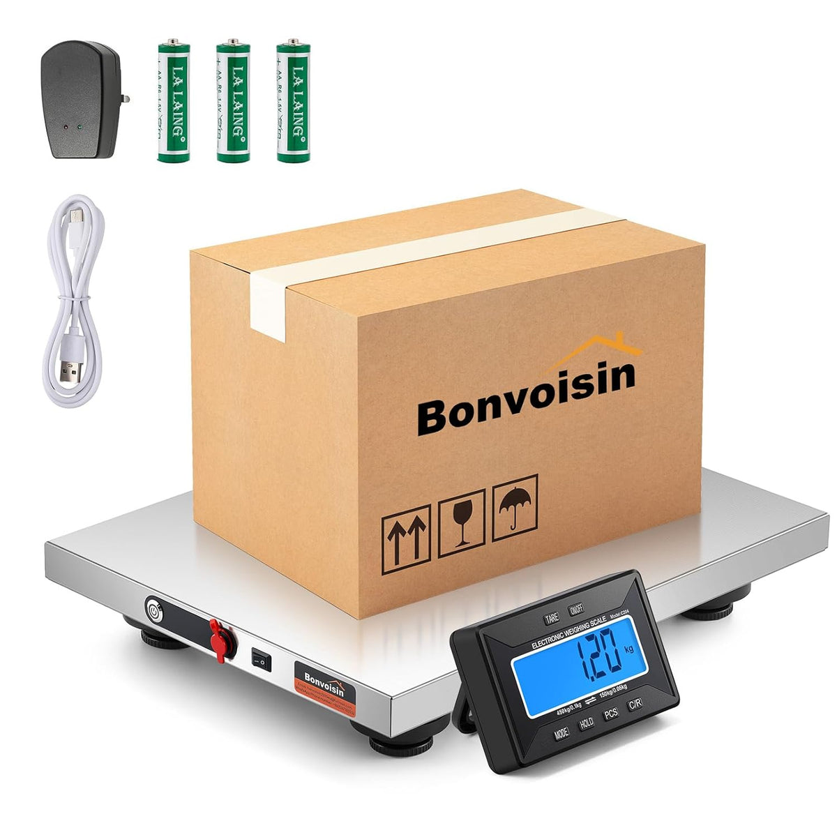 Bonvoisin Draadloze postweegschaal 450 kg met apart lcd-display, platform van roestvrij staal, dubbele stroomvoorziening met batterijen en net, kg/lb/oz/lb: oz, Tara/Hold/Countr-functie (450 kg GB)