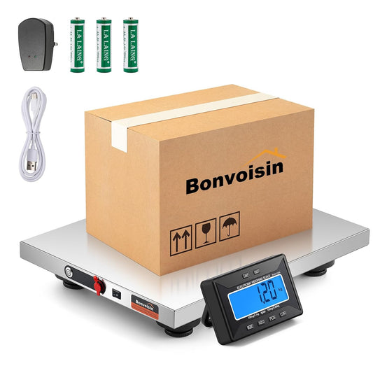 Bonvoisin Draadloze postweegschaal 450 kg met apart lcd-display, platform van roestvrij staal, dubbele stroomvoorziening met batterijen en net, kg/lb/oz/lb: oz, Tara/Hold/Countr-functie (450 kg GB)