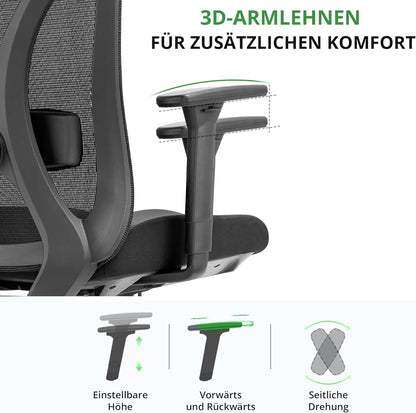 Ergonomische Bureaustoel Voor Volwassenen – Office Chair – Werkstoel – Bureaustoel Zwart – Bureaustoel Met Hoofdsteun – Volledig Verstelbaar – EN-1335 Gecertificeerd