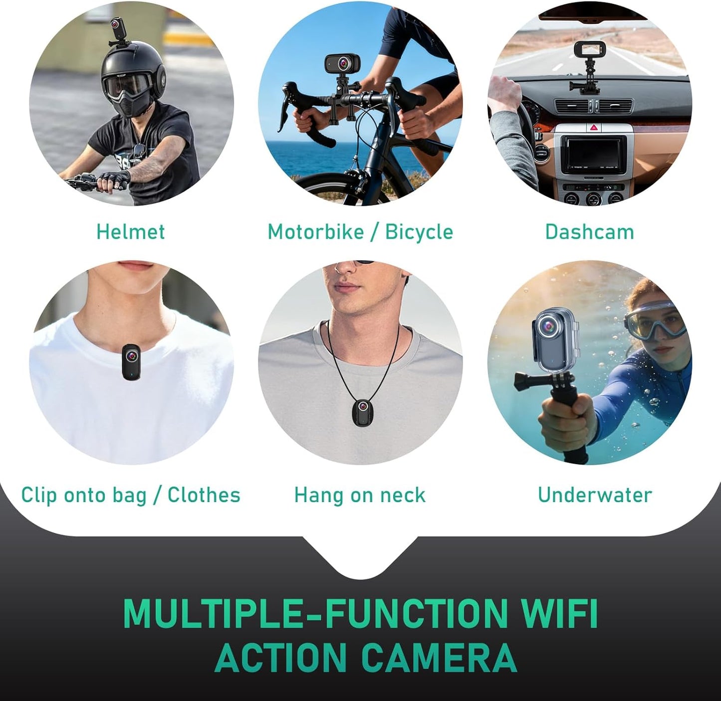Actiecamera, wifi, 4K, waterdichte mini-actie-helmcamera, 150 graden wifi, sportactiecamera met 1,47 inch display, magnetische duim-lichaamscamera, kleine actiecamera voor motorfiets en fiets