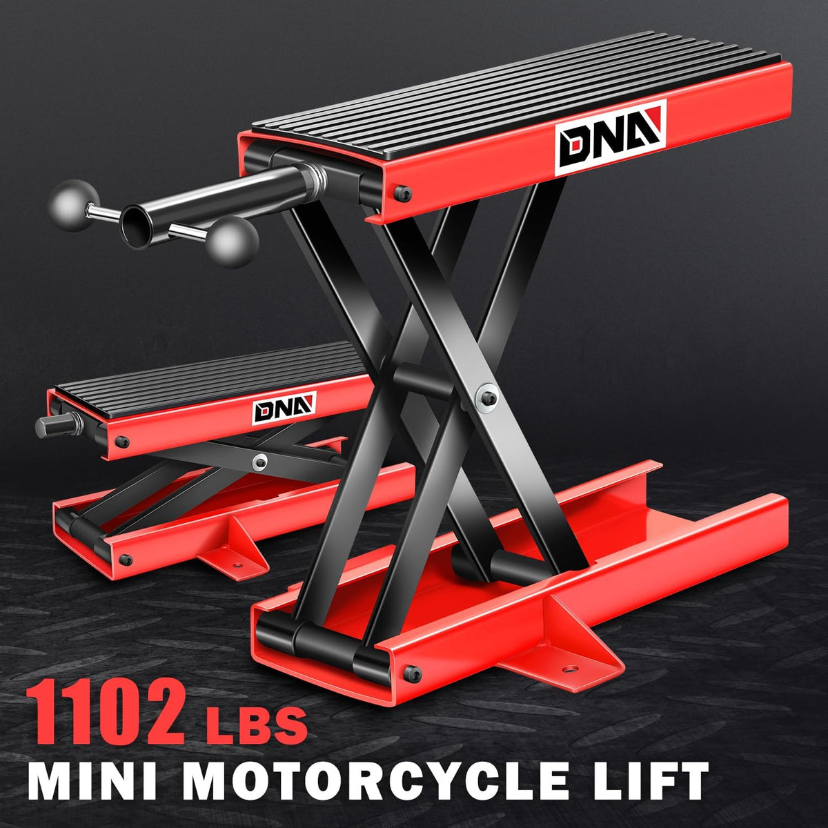 DNA MOTORING TOOLS-00290 Stalen motorfiets ATV schaarhefbrug met zadel en rubberen pad, 2-in-1, 500 kg, hefbereik 9,3-37,5 cm