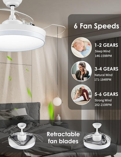 CJOY Plafondventilator met licht, 107 cm, plafondventilator met 3 intrekbare messen, plafondventilator, stil, omkeerbaar, zomer en winter, 6 snelheden, timing, 3 kleurtemperaturen