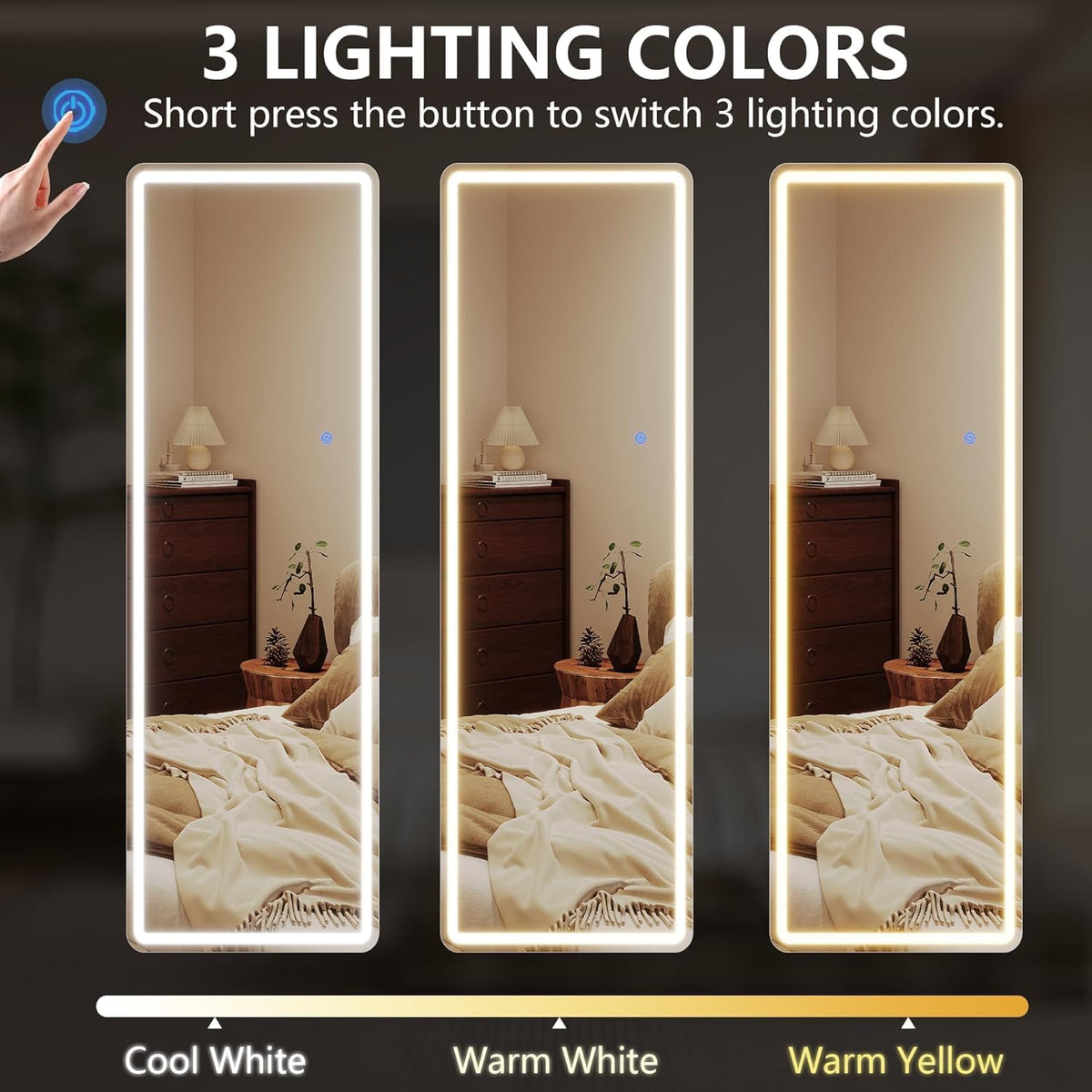 Staande Spiegel LED 160 x 50 cm, Lange Spiegel met Verlichting, Grote LED Wandspiegel, Volledige Lengte Passpiegel met Standaard, Vrijstaande Vloerspiegel voor Woonkamer Hal (Wit)