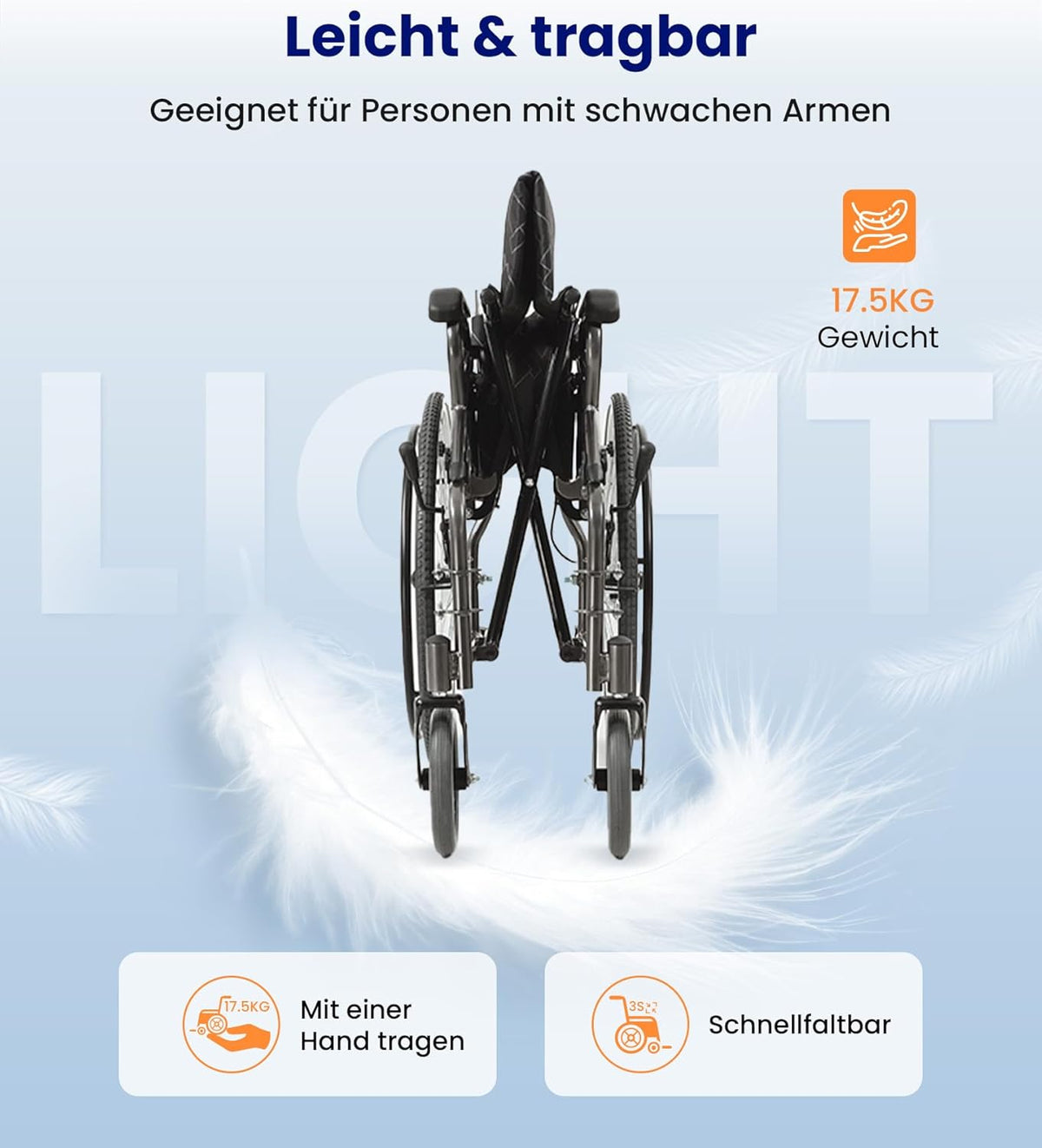 VOCIC U31 Rolstoel, licht, 150 kg, aluminium rolstoel, 17,5 kg, dubbele rem, rolstoel voor senioren, solide banden, 60 cm voor alle vloeren, grijs