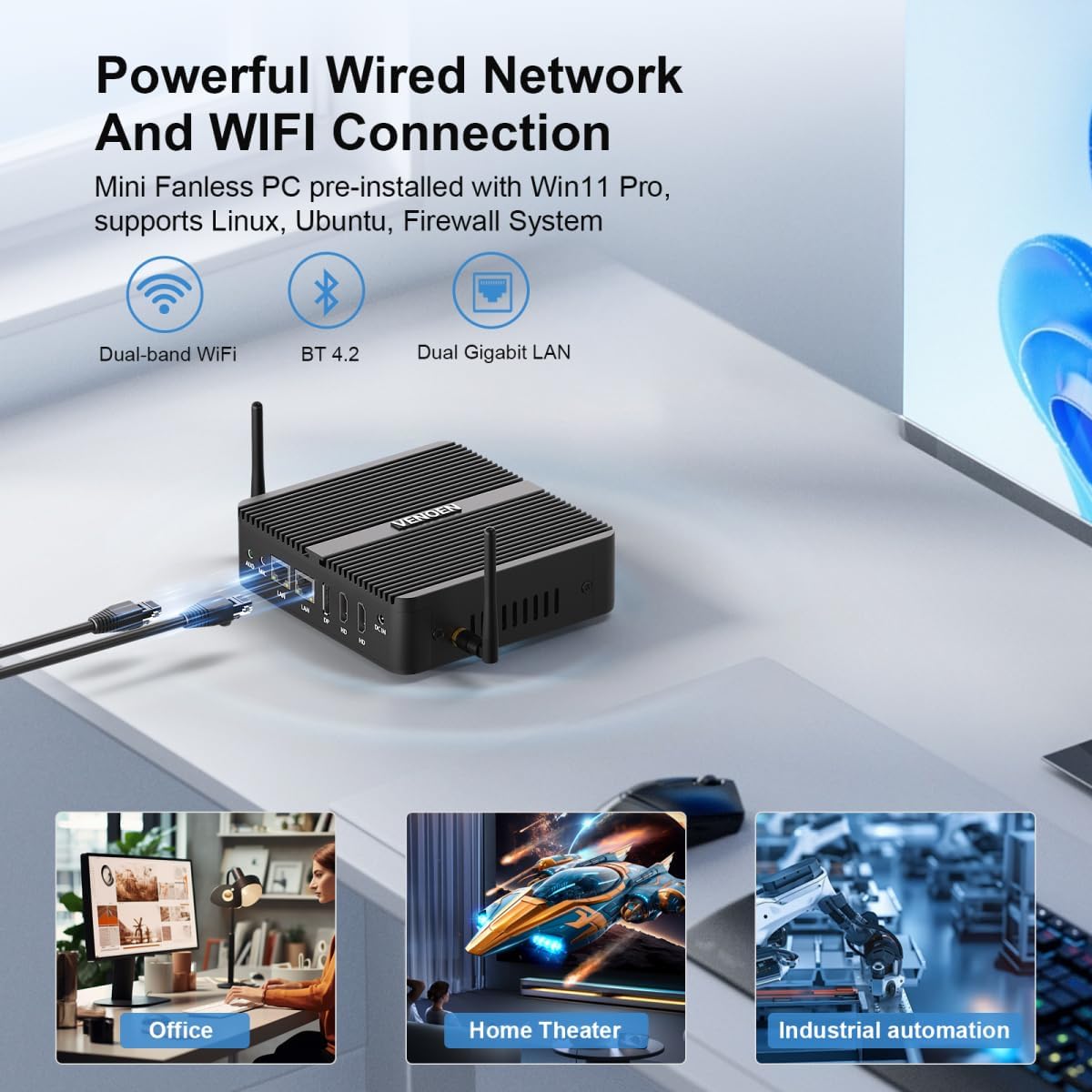 Fanless Mini PC WIN11 pro J6412, Linux Indsutrial PC 4K Mini Computer, 2x HD + 1x DP Triple Display, 2x RJ45 Lan, 2x RS232 COM, WiFi, BT 4.2, 12V Office Desktop PC, 8GB DDR4 256GB M.2 SSD - QUORE