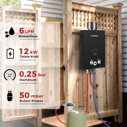 CAMPLUX BW158BC-DE Tankless Gas Boiler 6 Liter, voor Camping, RV, Wassen Paarden, LPG (50 mbar), 10 kW
