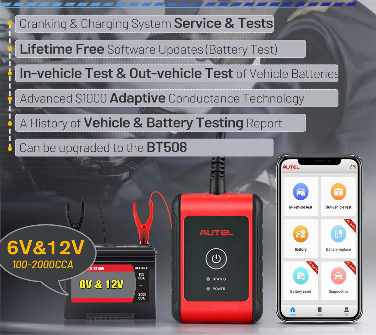 Batterijtester – Accutester – Accu Analyzer – Accutestapparaat – Accuspanningsmeter – 6V en 12V Batterijen Testen – Adaptive Conductance Technologie - QUORE
