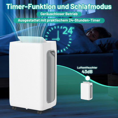 Luchtontvochtiger, 26 l/dag, kamerontvochtiger met 3 bedrijfsmodi, digitaal display, afvoerslang en afneembare watertank, ontdooifunctie, 24-uurs timer, stille ontvochtiger, elektrisch voor