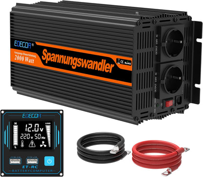 Edecoa omvormer 2000 W, spanningstransformator, 12 V/230 V, met nieuwe afstandsbediening, 2 x USB en LCD-scherm voor zonnepaneel, auto, woonwagen