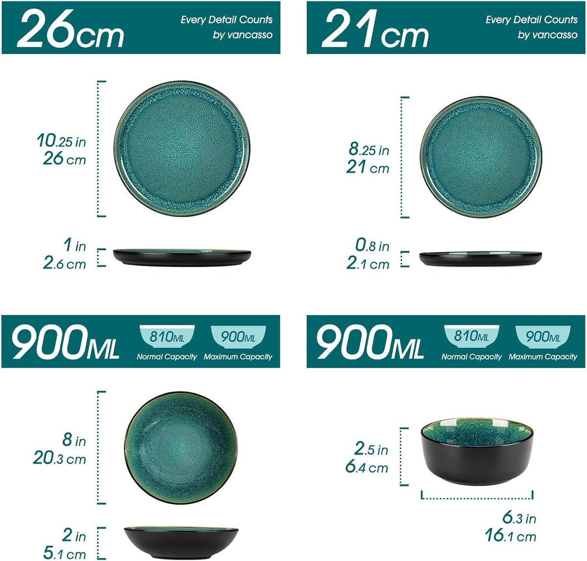 vancasso 24-delig eetservies, keramische borden en schalen set voor 6, mediterrane stijl diner sets in levendig groen, Playa serie eetservies set voor 6