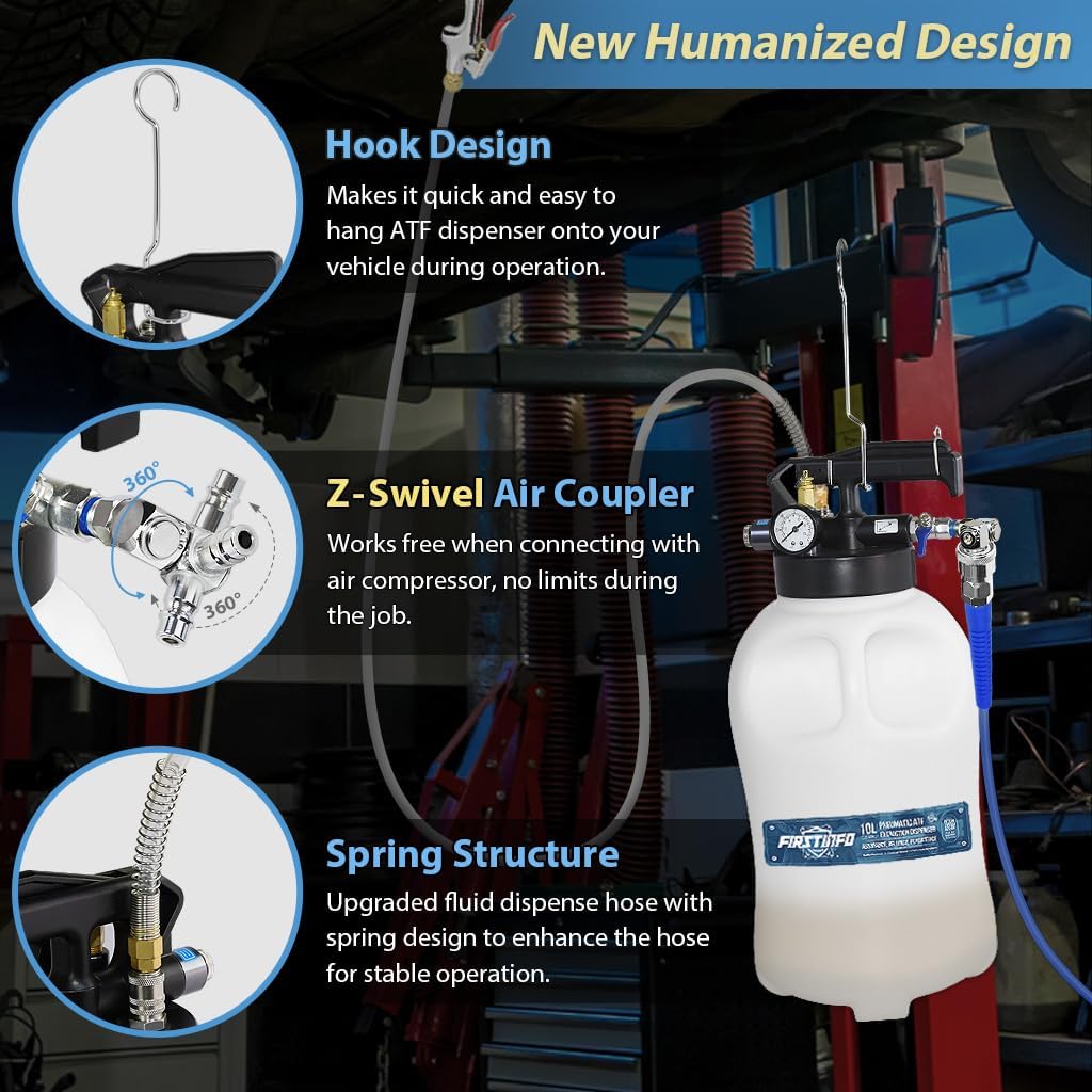FIRSTINFO A1135NEU | 10 liter | Versnellingsbakolie vulgereedschap | Pneumatische modus | met 14 ATF-adapters | Olie-extractor en -verdeler