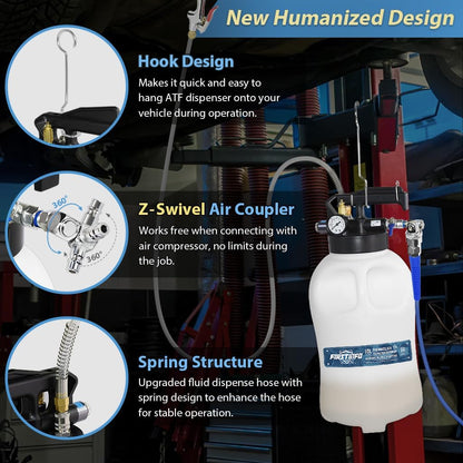 FIRSTINFO A1135NEU | 10 liter | Versnellingsbakolie vulgereedschap | Pneumatische modus | met 14 ATF-adapters | Olie-extractor en -verdeler