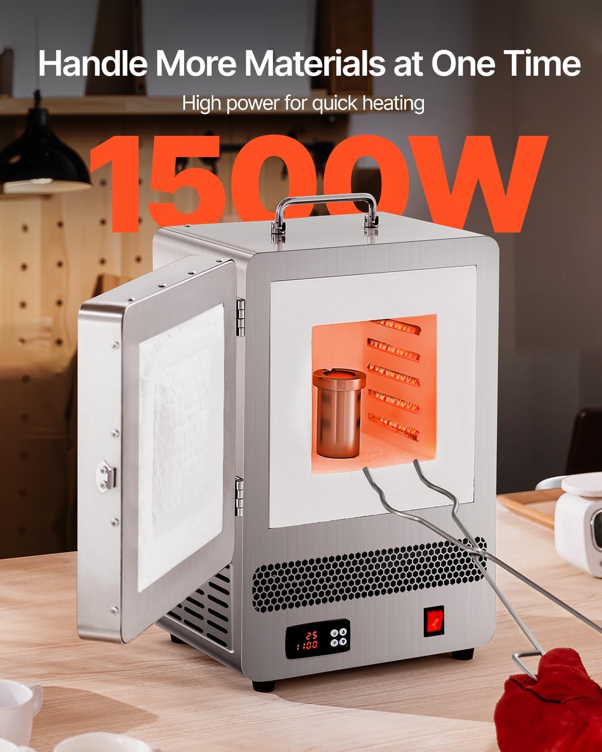 VEVOR Elektrische smeltoven met 1500 W, maximale temperatuur 1200 °C, roestvrij staal, goudsmeltoven voor het smelten van was, klei, voor het harden van metaal