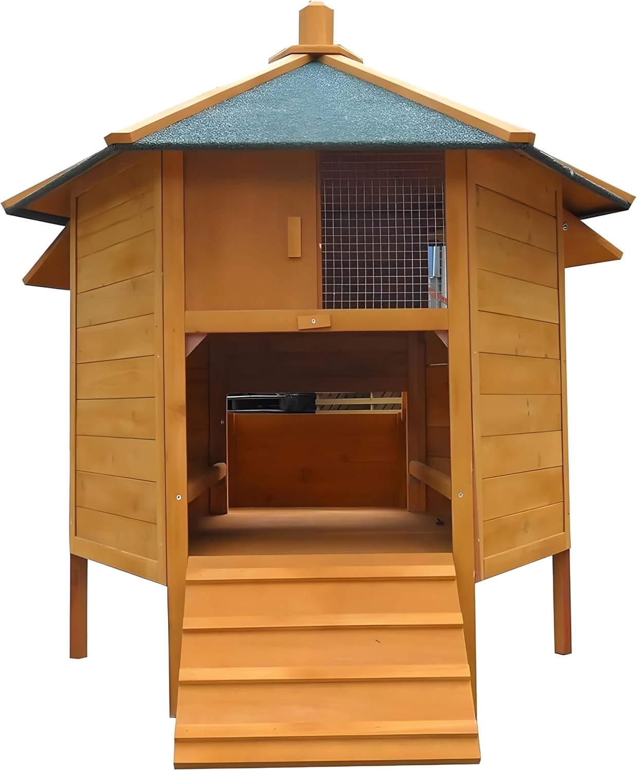 Kippenhok – Kippenren – Pluimveehok – Vogelnestkast – Kippenpaviljoen – Houten Constructie – Waterdicht Groen Dak – 131x125 cm – Inklapbare Trap Met Nestkast - QUORE