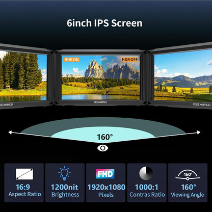 FEELWORLD FW568 PRO 6-inch cameramonitor, 1200nit helderheid, 1920x1080 IPS-scherm, 4K HDMI 60Hz, HDR