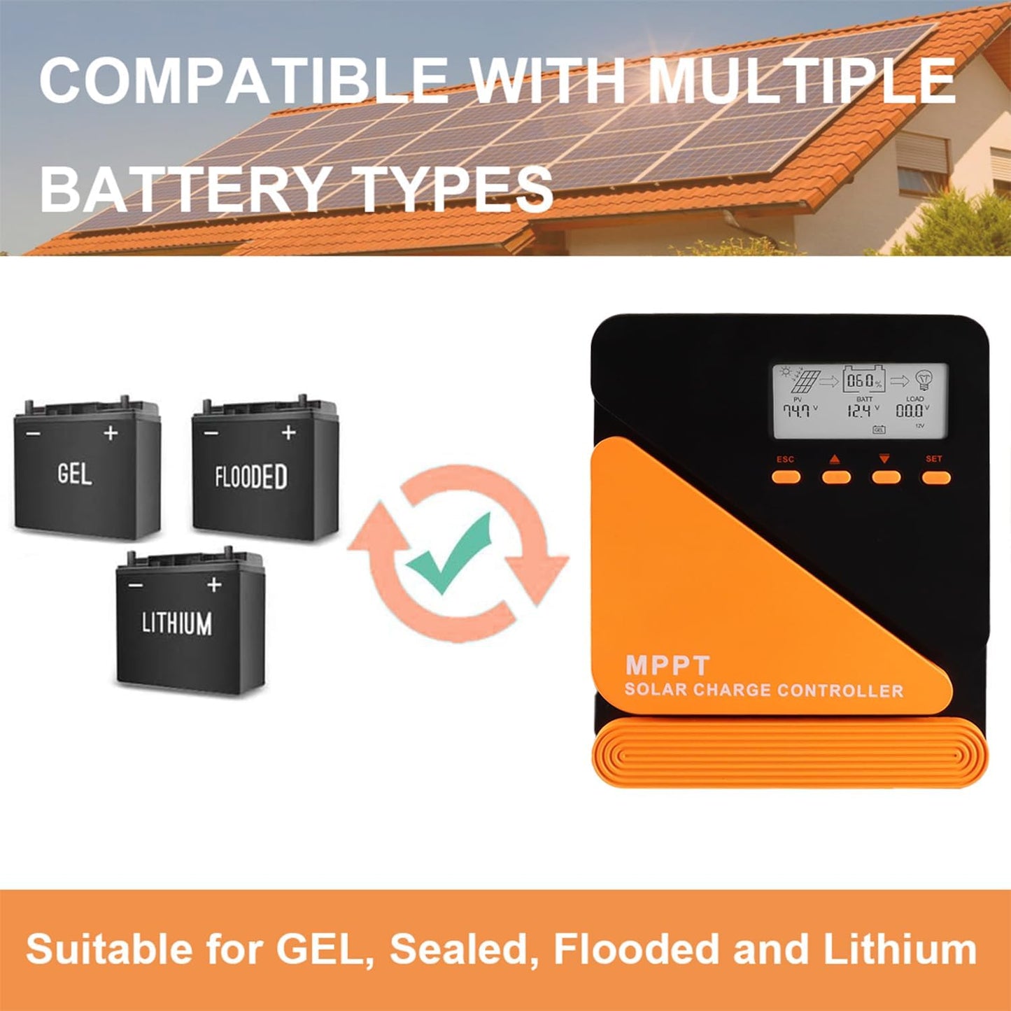 SolaMr 60A MPPT Zonne-laadregelaar 12/24V Automatische Parameter Instelbaar met LCD-scherm en Dubbele USB-Poort Zonnepaneel Batterijregelaar voor Gel Verzegelde natte en Lithium Batterij-GM-D60A